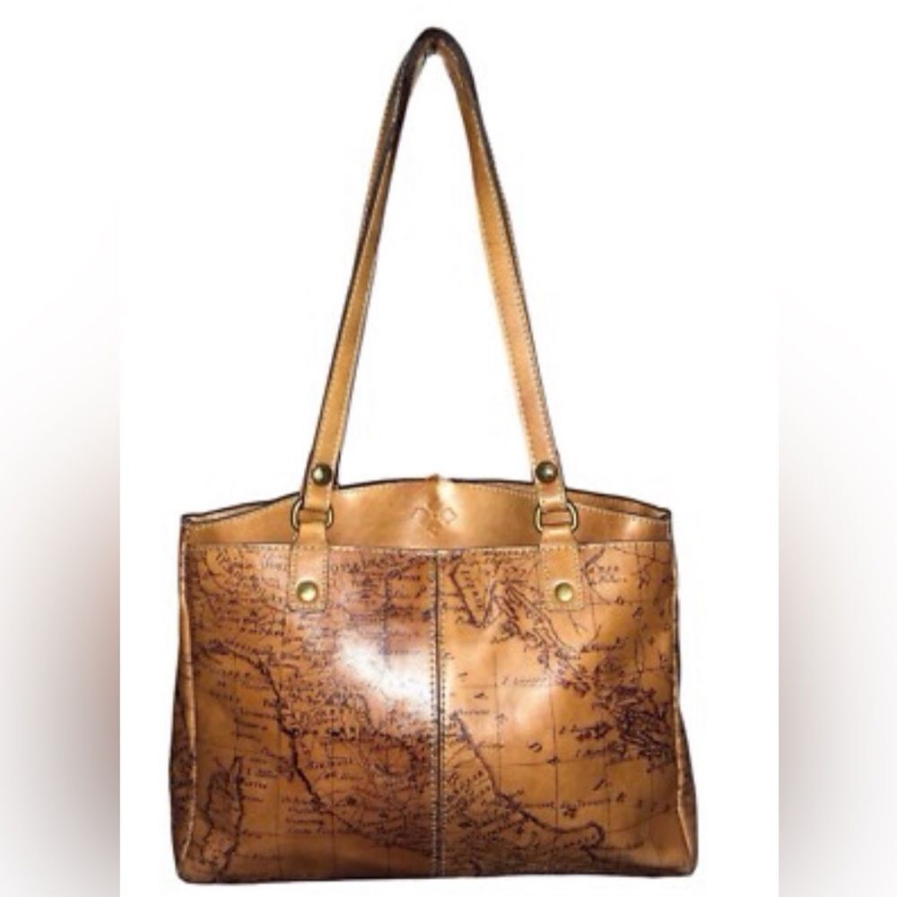 Patricia Nash Signature Map Print Poppy Tote Bag Italian Leather Brown Riot Rust